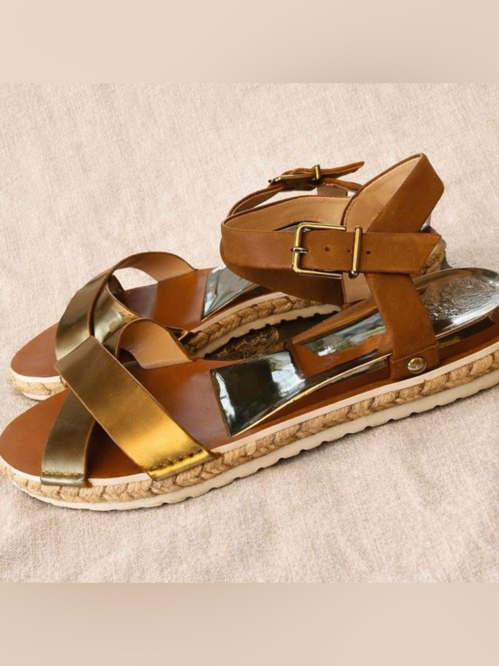 Vince Camuto Gold and Tan Espadrille Sandals 8.5